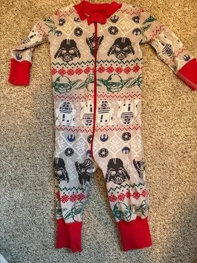 Hanna Andersson Beige One-Piece Footie with Red Trim and Multicolor Characters